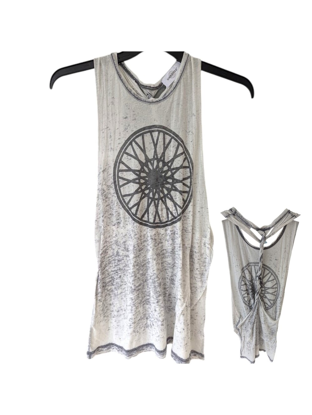 SoulCycle Wheel Graphic Twisted Back Sheer Tank Top Womens L Made in USA 17x28